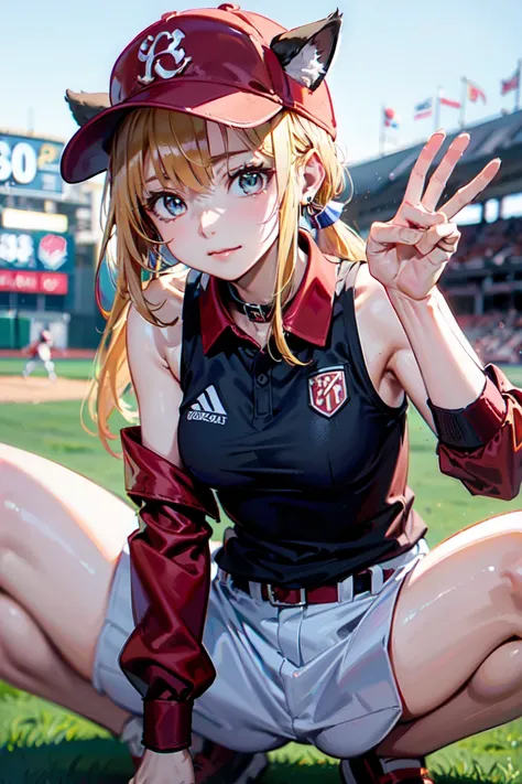  (rabbit pose:1.2),((At the baseball field with the cat)),((Cat ears)), ((Sleeveless)),((Wine Red Baseball Cap)),((Wearing a wine red baseball uniform))、((Red jacket))、 Blonde Hair, 短めponytail, (Blonde Hair, short,ponytail), Pale blue eyes,Closed Mouth、Hoo...