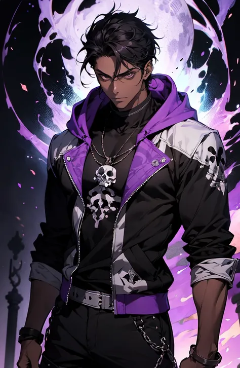 male with bones, looking away from camera, skulls, bones, handsome, black, dark skin, tall, broad shoulders, black hair, purple, purple fire, magic, detailed face, fantasy, hoodie
