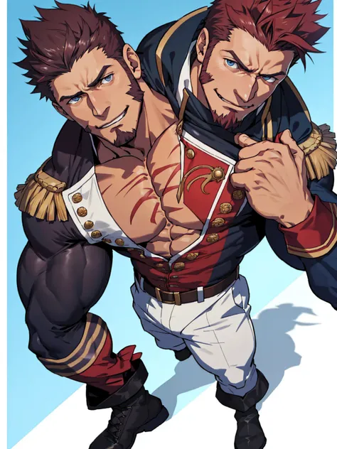 (Passionate, romantic), (Bara hunk with bulging muscles and rugged features, anatomically correct), (Best quality anime Fate), Napoleon Bonaparte from Fate, military uniform, showing off, full body portrait