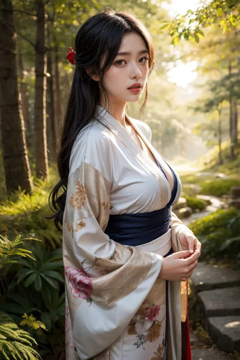 a seductive and mysterious girl with long dark hair, big breasts:0.8, slander body, dressed in traditional japanese clothing, st...