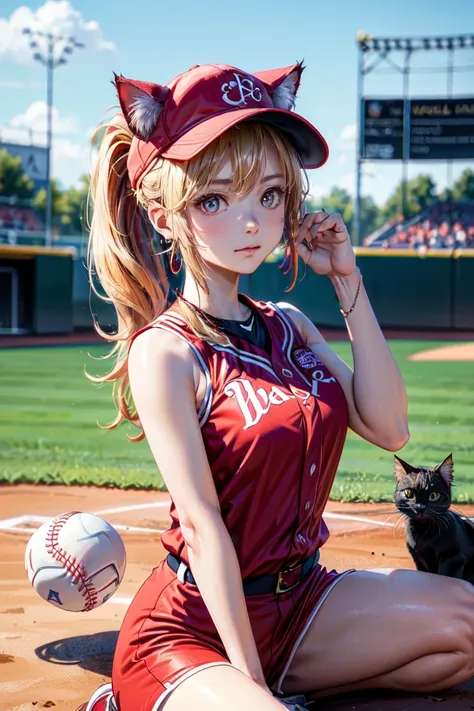 (rabbit pose:1.2),((at the baseball field with the cat)),((cat ears)), ((sleeveless)),((wine red baseball cap)),((wearing a wine...