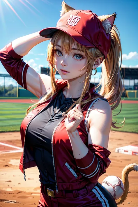 (rabbit pose:1.2),((at the baseball field with the cat)),((cat ears)), ((sleeveless)),((wine red baseball cap)),((wearing a wine...