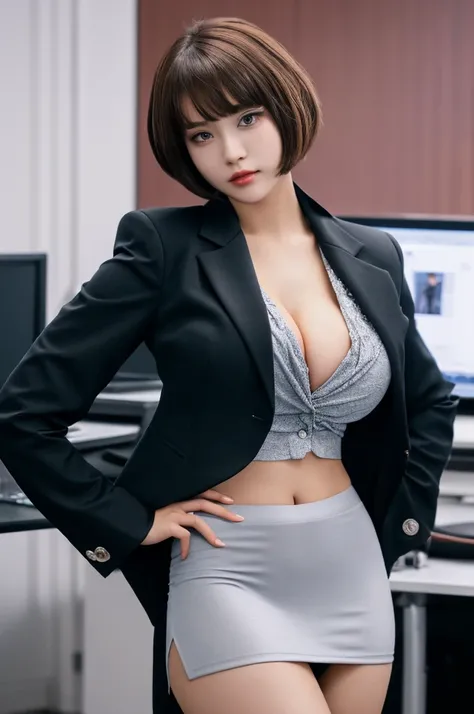 a 19 year old face of the most beautiful actress in the world, the short hair cut of a female is just like male one, the perfect body proportions of a female, formal shirt under blazer is covering large breasts of female upper body, panties between bare le...