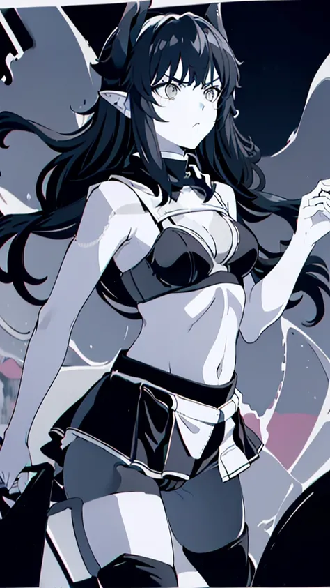 ((1girl,solo,mature female,tall)),big breasts,long hair, black hair,angry expression,horns,elf ears,black scarf,cleavage,(((dark skin))),((black sports bra, midriff)),(((black pantyhoses))),(walking,night),from above,water,grass,rain,lake,((reflection))