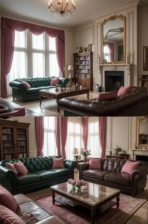 Create a late night scene, a castle room with high ceilings, dark green leather sofas next to the wide and large glass window, coffee table with computer and small vase with pink rose, dark brown curtains, floor pink marble, fireplace on the front wall, bo...