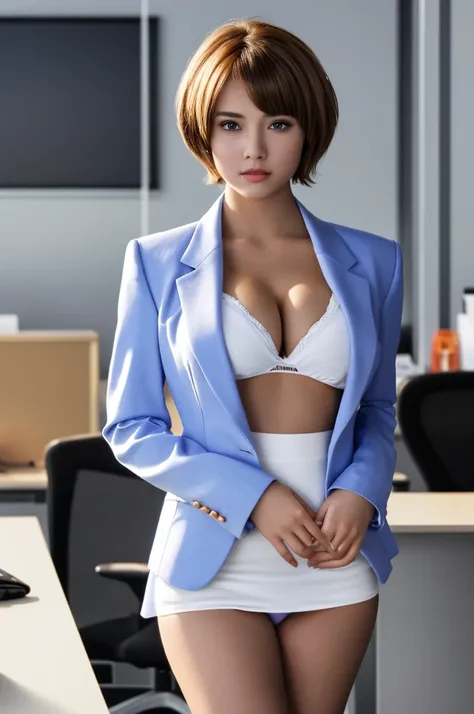 a 19 year old face of the most beautiful actress in the world, the short hair cut of a female is just like male one, the perfect body proportions of a female, formal shirt under blazer is covering large breasts, panties between bare legs are almost seen th...