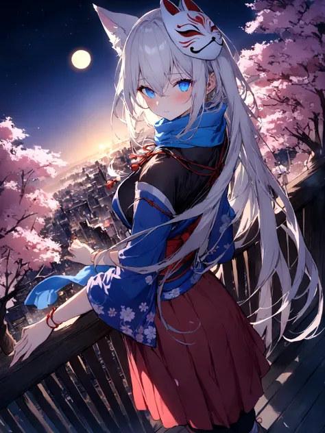 insert、Asahi、A magnificent view of the city from the treetops、(masterpiece, best quality:1.2), 1girl, 独奏,Wolf girl, fox mask, ninja, girl, long white hair, odd eyes, blue kimono, ninja girl, red and blue scarf,Dancing Cherry Blossoms,Full moon backlighting...