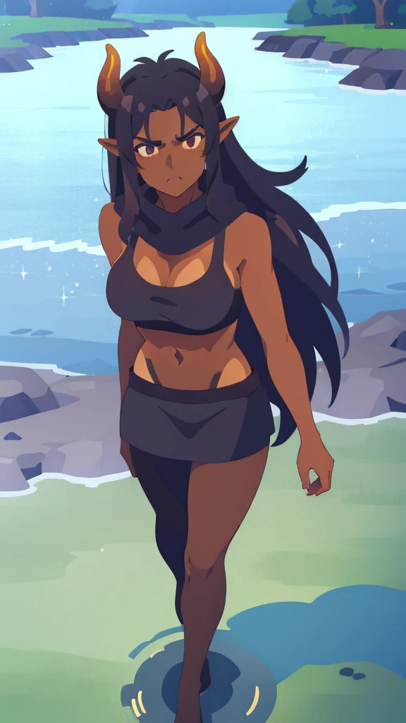 ((1girl,solo,mature female,tall)),big breasts,long hair, black hair,angry expression,horns,elf ears,black scarf,cleavage,(((dark skin))),((black sports bra, midriff)),(((black pantyhoses))),(walking,night),from above,water,grass,rain,lake,((reflection))