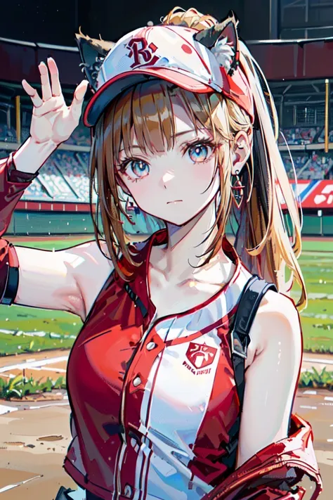 (rabbit pose:1.2),((at the baseball field with the cat)),((cat ears)), ((sleeveless)),((wine red baseball cap)),((wearing a wine...