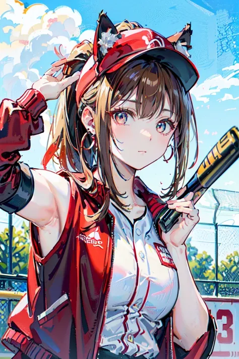 (rabbit pose:1.2),((at the baseball field with the cat)),((cat ears)), ((sleeveless)),((wine red baseball cap)),((wearing a wine...