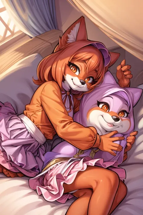 best quality, furry, anthro, animal nose,  maidmarian, smile, orange eyes, fox, waving, holding skirt to side, showing off, show...