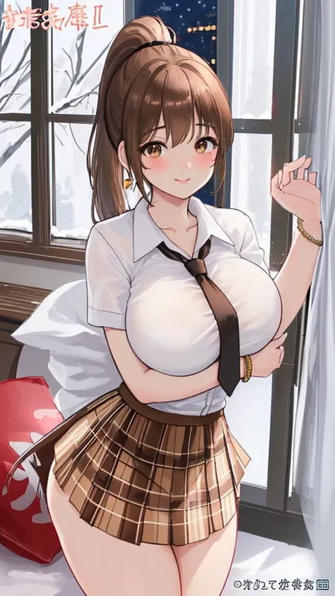 best quality, Solo breasts, Big Ass, very curvy, Bangs and long ponytail, Walnut Brown Eyes, Full lips, Tempting, Smile著, Naked white ties tied into a knot, Plaid skirt, bracelet, Thick thighs, Curvy physique，Smile，Blushing，In the bedroom，Night，Heavy snow ...