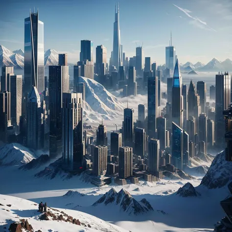 Skyscrapers are lined up，100 times the height of the building，Huge glacial mountain，Tall skyscrapers，Different world，ＳＦ，cyber punk，Best Quality，8K，Future City，Masterpiece，Dream world，夢のFuture City，romantic，perfection，A world beyond imagination，Utopia，Great...