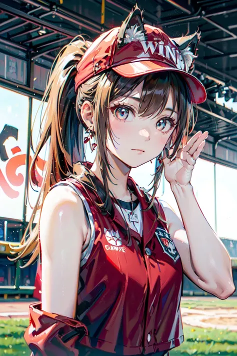 (rabbit pose:1.2),((at the baseball field with the cat)),((cat ears)), ((sleeveless)),((wine red baseball cap)),((wearing a wine...