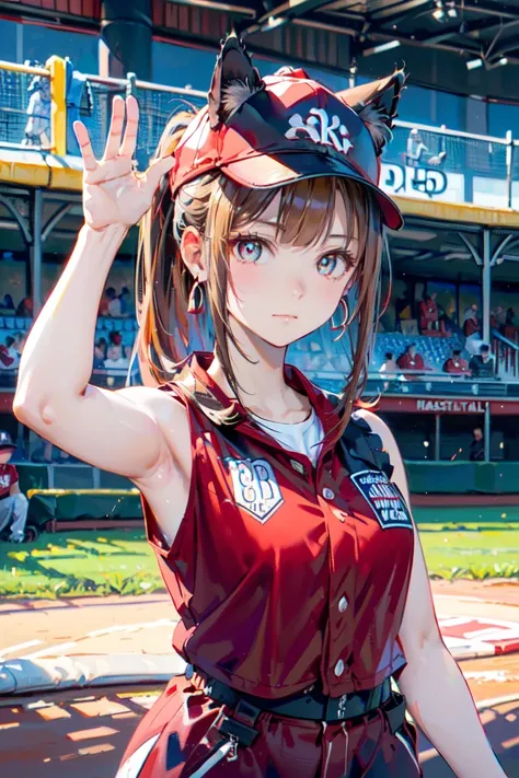 (rabbit pose:1.2),((at the baseball field with the cat)),((cat ears)), ((sleeveless)),((wine red baseball cap)),((wearing a wine...