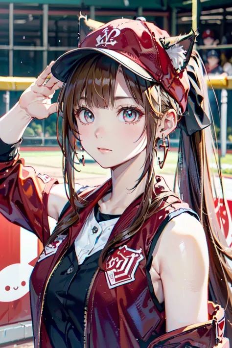 (rabbit pose:1.2),((at the baseball field with the cat)),((cat ears)), ((sleeveless)),((wine red baseball cap)),((wearing a wine...