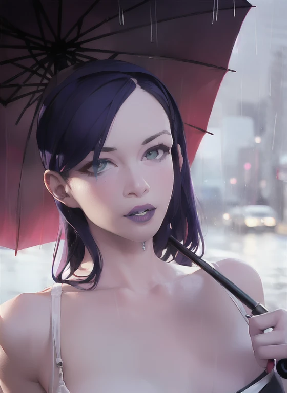 ((stoya holding an umbrella:1.5))、(raining:1.4)、in the city、close and distant views、(highest quality、4k、8k、high resolution、maste...