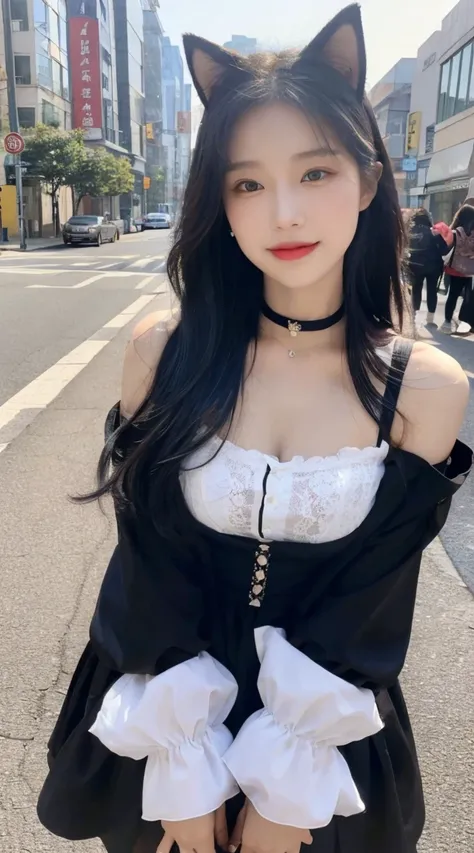 1 girl,Long hair,Smile, ((maid outfit)),(On the city streets) original photo, (photo实际of:1.37, 实际of), High detail CG unified 8K wallpaper, Looking at the audience, (((Directly from the front))), (Head office skin:1.8, 有光泽of皮肤), 8KUltra HD, SLR camera, 柔和of...