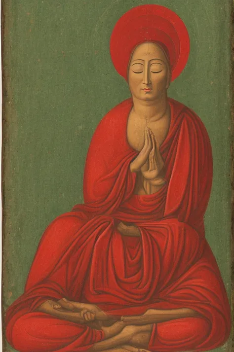 A person with eyes covered by a red cloth sits cross-legged, meditating with six arms