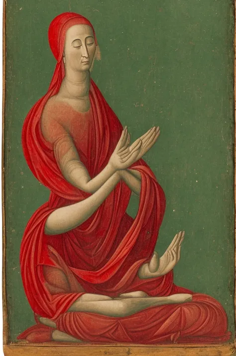 A person with eyes covered by a red cloth sits cross-legged, meditating with six arms