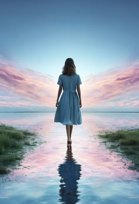 overall image: the horizon in the center of the screen. the girl is walking towards the horizon. her figure is reflected symmetr...