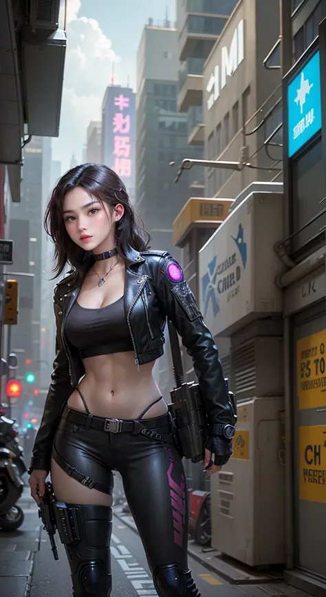 there is a woman with a gun in a city, Stylized urban fantasy artwork, glamorous jill valentine, Kushatt Krenz Key Art Women, jet black haired cyberpunk girl, (cu7rvy body 1.3)))cyberpunk angry gorgeous goddess, cyberpunk judy alvarez, Cyberpunk 2 0 y. o m...