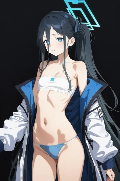 best quality, amazing quality, very aesthetic, absurdres, 1girl, aris (blue archive), blue archive, blue eyes, strapless, (artist official art:1.5), (realistic face), (narrowed eyes), (cowboy shot), (concept art:1.5), panties, (thigh), expressive eyes, per...