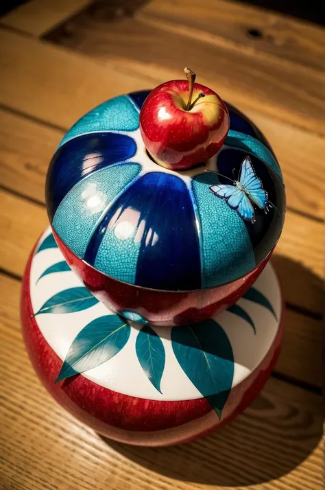 ((best qualityer)), ((work of art)), (detailded), a single red apple with a blue butterfly