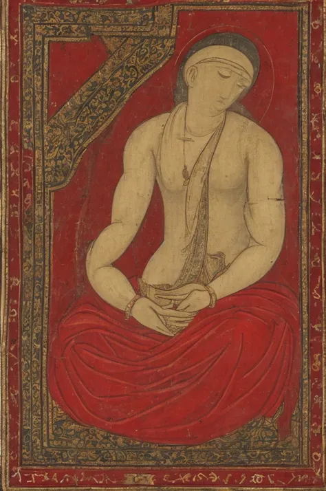 A person with eyes covered by a red cloth sits cross-legged, meditating with six arms