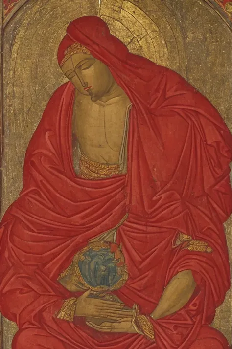 A person with eyes covered by a red cloth sits cross-legged, meditating with six arms