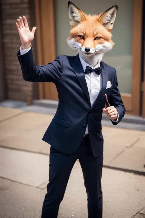 A fox in a suit waving hello with his hand 