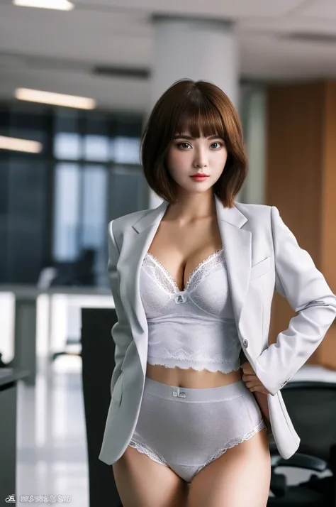 a 19 year old face of the most beautiful actress in the world, the short hair cut of a female is just like male one, the perfect body proportions of a female, formal shirt under blazer is covering large breasts, panties between bare legs are almost seen th...