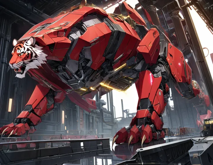 ((Masterpiece)), ((Best Quality)), (Very Detailed), ((Very Detailed)), 4K, (8K), very aesthetic, absurdres highres, create an image of a robotic mechanical beast in the form of a tiger, equipped with weaponry such as laser cannons and missiles suitable for...