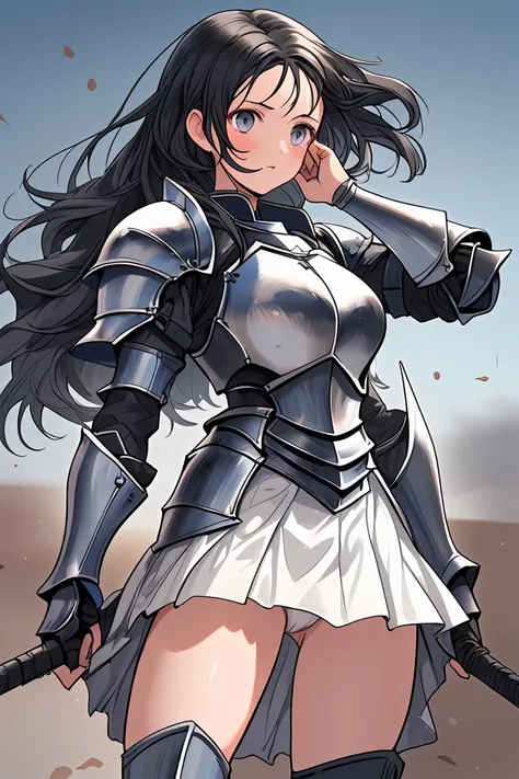 female knight　Black Hair　armor　Torn white skirt　White underwear　battlefield　incontinence