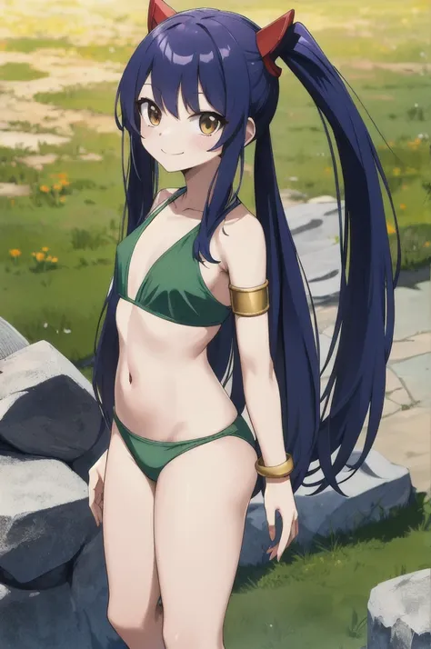 masterpiece, best quality, highres, aawendy, long hair, twintails, hair ornament, bare shoulders, green bikini, armlet, bracelet, outdoors, standing, cowboy shot, smile, barefoot