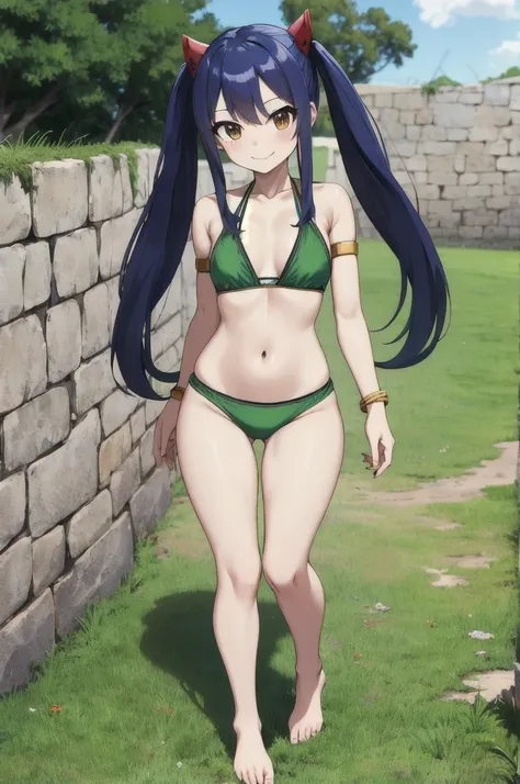 masterpiece, best quality, highres, aawendy, long hair, twintails, hair ornament, bare shoulders, green bikini, armlet, bracelet, outdoors, standing, cowboy shot, smile, barefoot