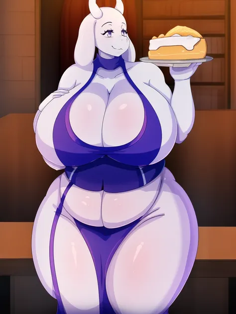 toriel, 1girl, ,book, open_eyes, furry, furry_female, goat_ears, goat_girl,mature female,gigantic huge breasts,fat,Whipped thighs,Females in heat, indoors, standing up,near, smile,A slice of pie on a plate in hand,solo  