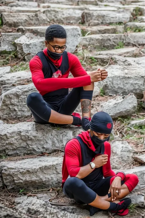 A person with eyes covered by a red bandana sits cross-legged, have six arms