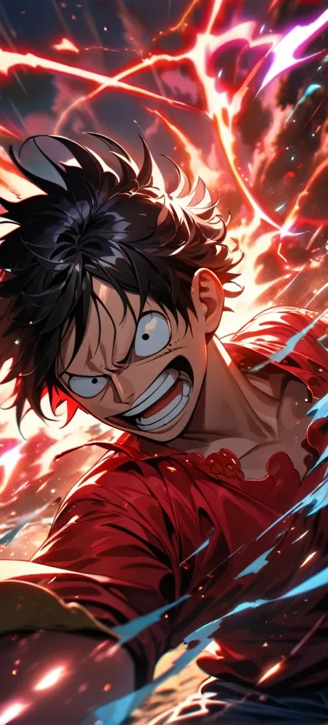  High quality, ,absurdres, highres, ultra detailed, HDR, masterpiece, extremely detailed face and eyes,  Luffy , One Piece,, Black hair ,red shirt, solo, ,man, handsome, ,, Epic fight scene, red splashing effect,red lightning  effect,glowing glitters , ful...