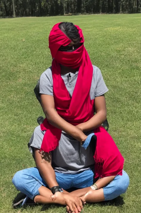 A person with eyes covered by a red bandana sits cross-legged, have six arms