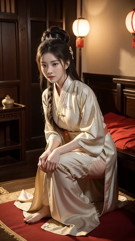 Chinese ancient style，Beauty，Kneeling at the bedside，blushing，Expression，Long legs，Hanfu，Antique long dress，Dark background，Ancient style house，Large bust，enchanting。Masterpiece，8K，Very close observation