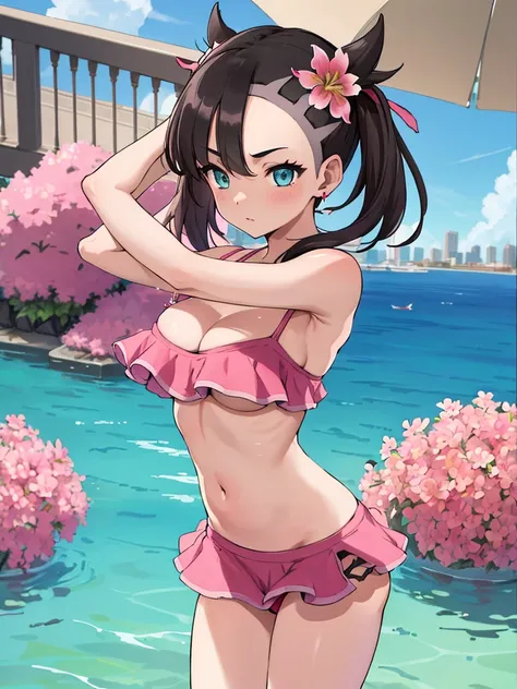 masterpiece, best quality, highres, hmmarnie, aqua eyes, huge breasts, hair flower, earrings, jewelry, halternec, navel, pink wet bikini, small tight bikini, cowboy shot, squeezing breasts, standing, flowers, balcony, big city, pastel background