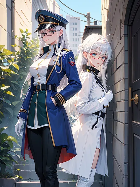 masterpiece, best quality, beautiful girl, white hair, green eyes color, dark blue military uniform, mature_female, eye_glasses, white gloves, anime, dark blue military hat, very_long_hair, perfect body, red ribbon, commander, science_fiction, black knee-h...