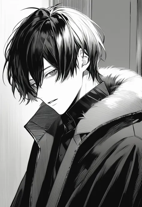 yuto-sano, 1boy, kaneki, black hair, black suit, black long sleeves, fur coat, elegant, monochrome, solo, greyscale, male focus,...