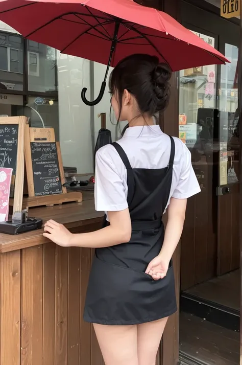 A 20-year-old girl working at an umbrella store（Wearing a miniskirt and apron）