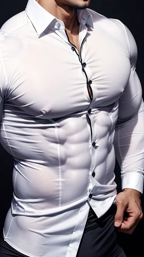 Male, handsome, young, Chinese, ((massive pecs:1.4)), ((tight clothing:1.2)), (white buttoned up shirt)