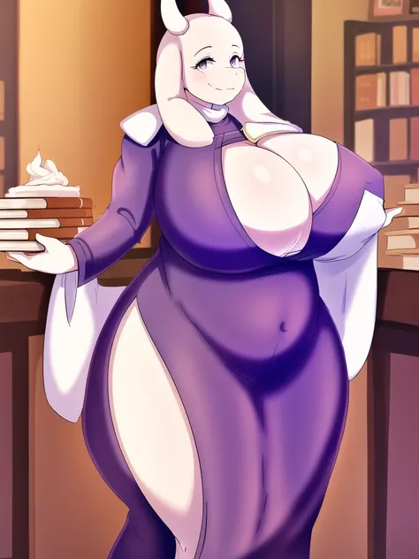 toriel, 1girl, ,book, open_eyes, furry, furry_female, goat_ears, goat_girl,mature female,gigantic huge breasts,fat,Whipped thighs,Females in heat, indoors, standing up,near, smile, solo  