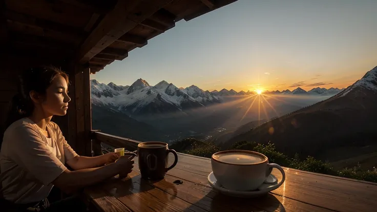 beautiful sunrise at a hiking hut with a cup of coffee