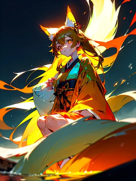 Anime girl with green long hair kitsune Mimi wear kimono yukata hakama, kitsune mimi, kemono mimi, kemo mimi, detail eyes (red brown yellow orange fox eye), shining eye, glowing Cristal eye, piercing glowing eye, beautiful eye.sit in japan shrine,red Shrin...