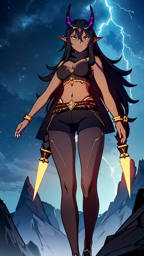 ((1girl,solo,mature female,tall)),big breasts,long hair, black hair,angry expression,horns,elf ears,black scarf,cleavage,(((dark skin))),((black sports bra, midriff)),(((black pantyhoses))),(walking,night sky,night,thunder,lightnings,thunder clouds,montain...